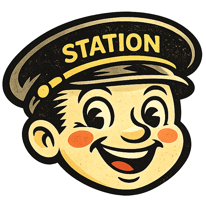 Station View mascot in a station master's hat